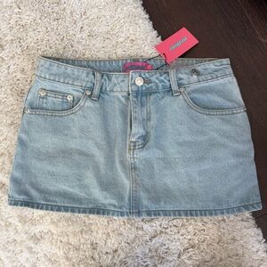 Edikted Low Rise Light Wash Denim Micro Mini Skirt